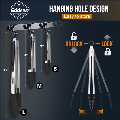 Eddeas Kitchen Tongs with Silicone Tips, Tongs for Cooking Heat Resistant 600 Degrees Stainless Steel Locking Tong - 7" 9" & 12 inch Silicone Tong Non-Stick, Black Set of 3
