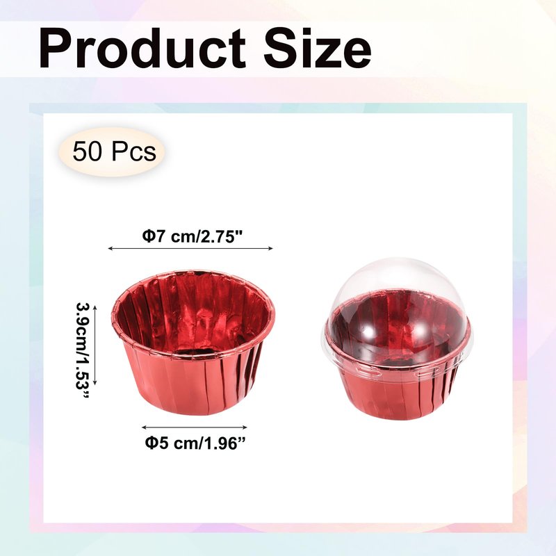 uxcell 50 Pcs Double-sided Aluminum Foil Cupcake Liners with Lids, Greaseproof Muffins Baking Cupcakes for Wedding Birthday Party Decoration, Red (Round)
