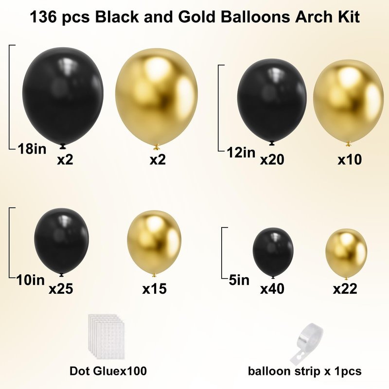 YMSZ Black and Gold Balloons, Black and Metallic Gold Balloons Garland Arch Kit for Birthday, 2026 New Years, Graduation Anniversary Decorations Supplies