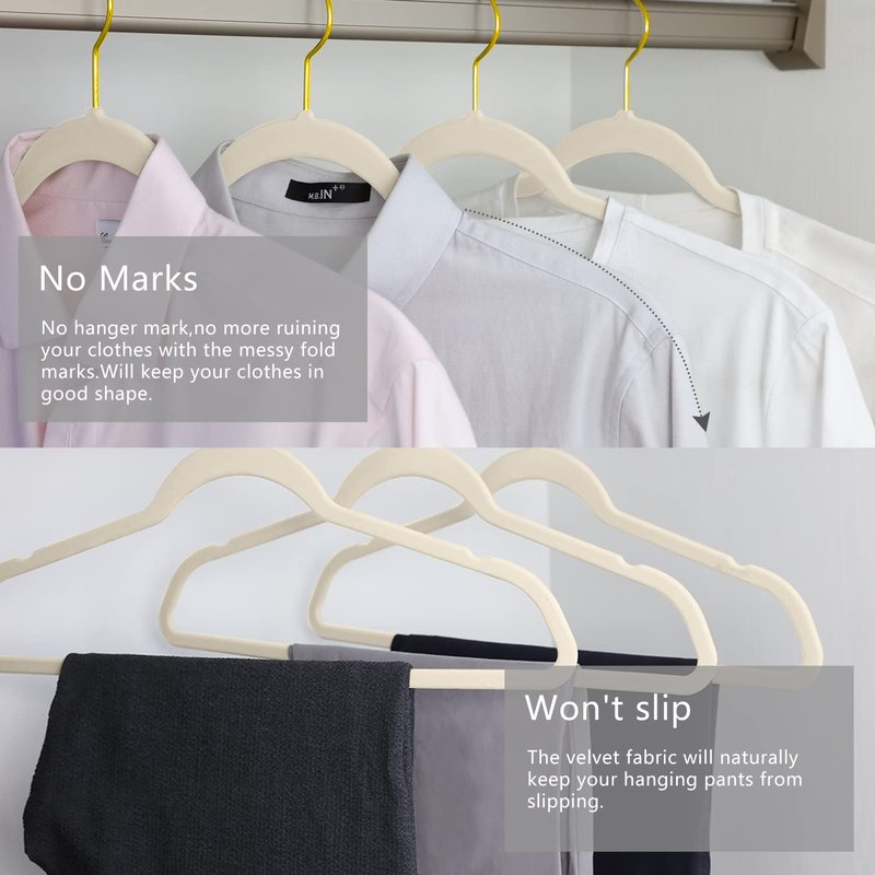 MIZGI Premium Velvet Hangers Pack 30 Pcs Heavyduty - Non Slip Slimline - Velvet Suit Hangers Ivory - Gold Hooks,Space Saving Clothes Hangers