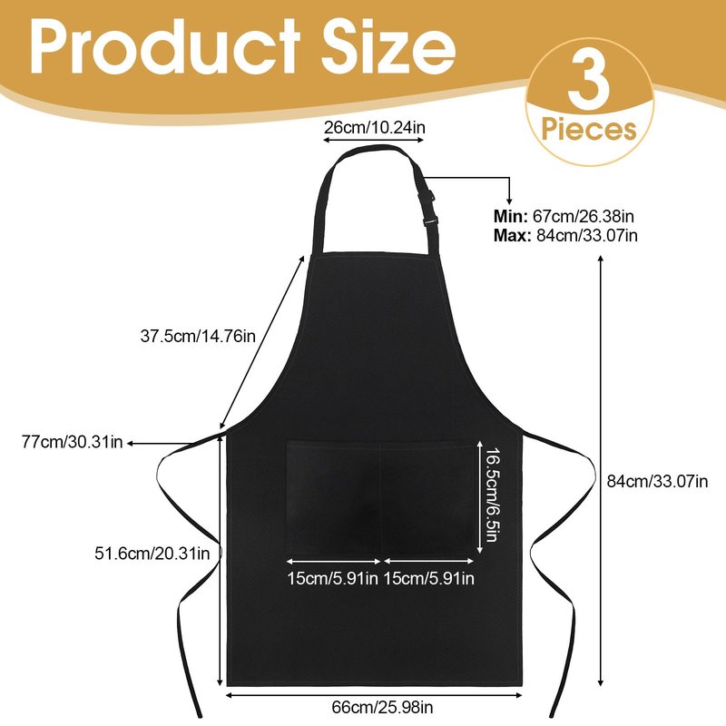 Okxiri 3 Pack Black Aprons for Women with Pockets, Adjustable Water Resistant Cooking Apron Unisex Bib for Chef Men and Women