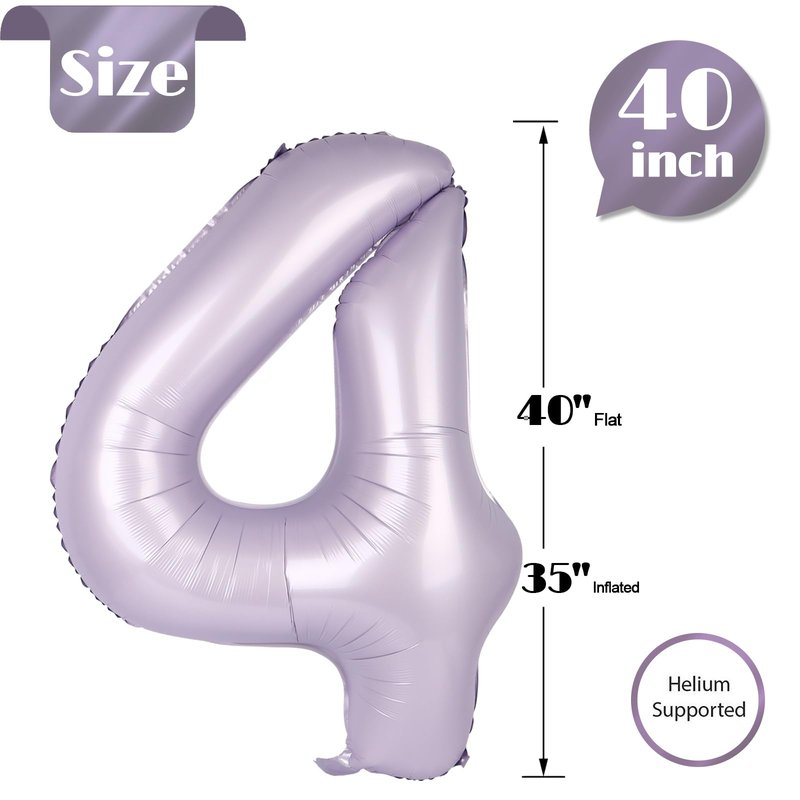 Lilac 4 Balloon, Number Balloons 40 Inch, Lavender 4th Birthday Decorations for Girls Four Large Numbers for Party Decor, Number 4 Balloon