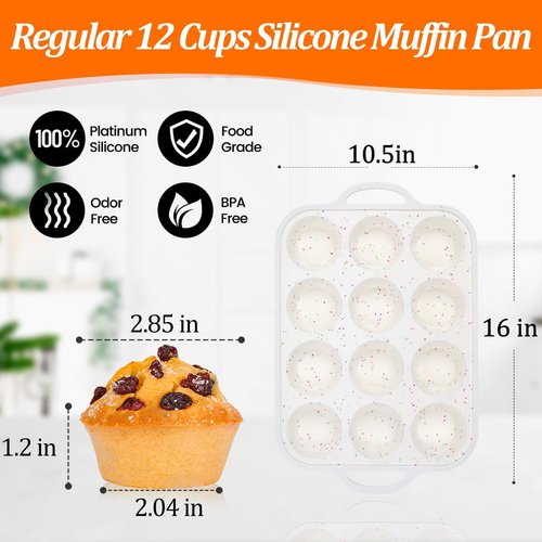CAKETIME Silicone Muffin Pan, Metal Reinforced Frame Regular Size 2.8 Inch Cupcake Pan with Handle 12 Cups Nonstick Muffin Tray for Baking BPA Free 1 Pack Confetti