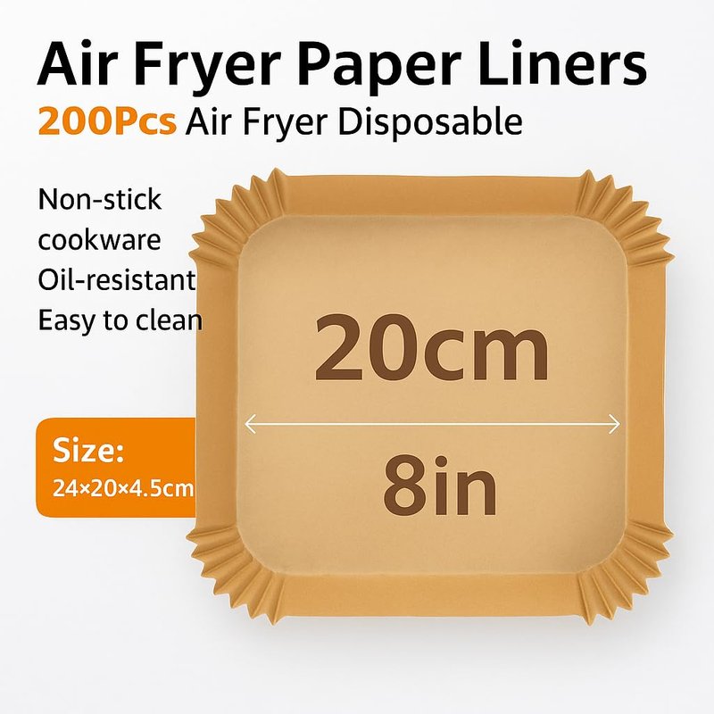 200 Pack 8 Inch Square Air Fryer Liners, Disposable Unbleached Parchment Paper, Non-Stick & Leakproof, Heat Resistant Baking Paper for Air Fryer & Oven