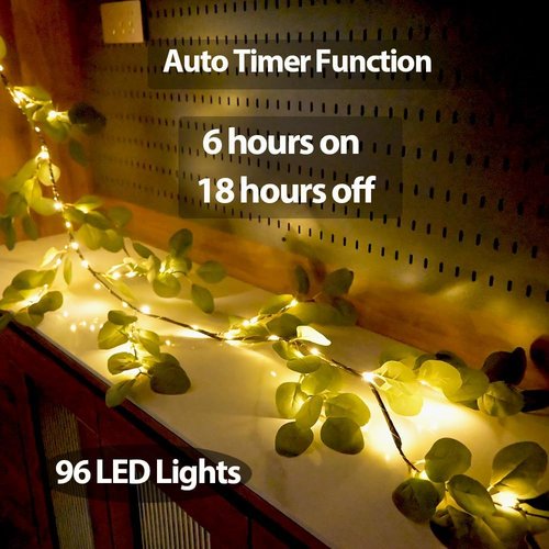 Eucalyptus Garland with Lights - 6.56FT, 96 LEDs, 8 Modes, Battery Operated | Spring Greenery Decor