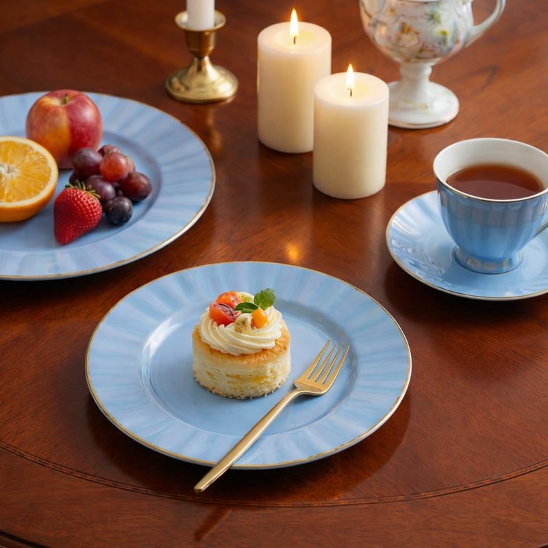 Lillian Tablesettings 32-Piece Blue Plastic Plates Set, 16×10" Dinner & 16×7" Salad Plates, Heavyweight Disposable Plates with Gold Rim, Elegant Petal Design Dinnerware