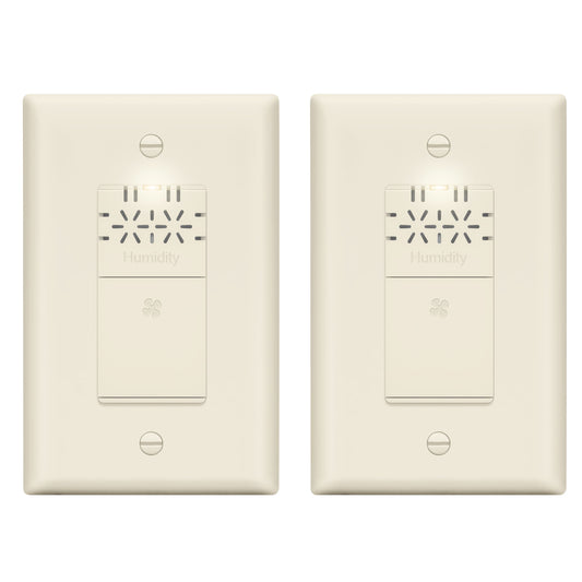 LIDER No Neutral Wire Required Humidity Sensor Switch, Automatic Humidity Control, Air Circulator, Adjustable Timing, 1-Pole, Wall Plate Included, UL Listed, Thermoplastic, Matte Light Almond, 2-Pack