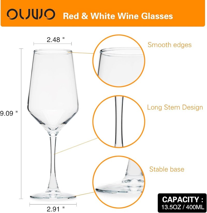 OUWO Wine Glasses Set of 4, 13.5oz Red White Wine Glasses,Lead-free Long Stem Wine Glasses for Home, Party, Wedding, Ideal Wine Accessories Gift,Clear