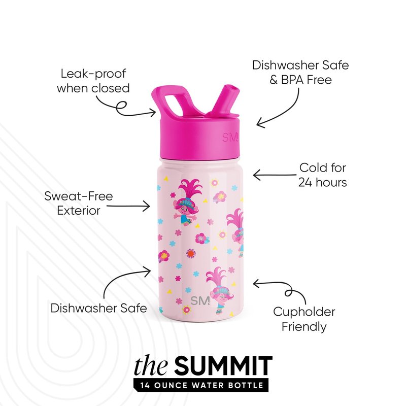 Simple Modern Kids Summit Water Bottle with Straw Lid | Trolls 14oz Stainless Steel Cup Insulated Tumbler Tumbler for Toddlers, School | Trolls Poppy Mashup