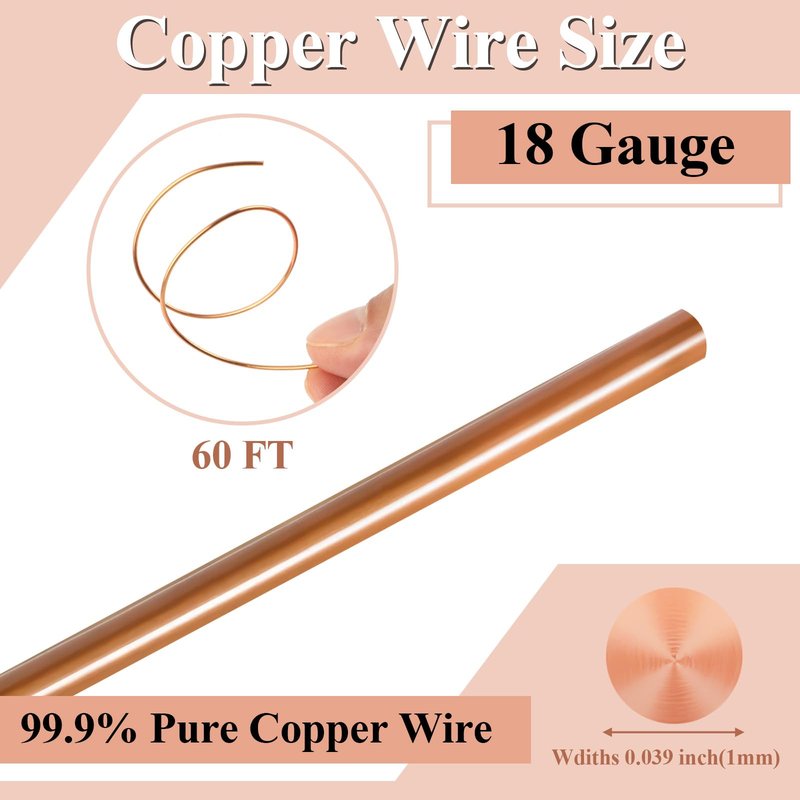 Opvixi Copper Wire, 18 Gauge 60 FT 99.9% Pure Copper Wire for Jewelry Making, Electroculture, Gardening, Beading, Plants, Crafts, Science Projects, DIY Artwork