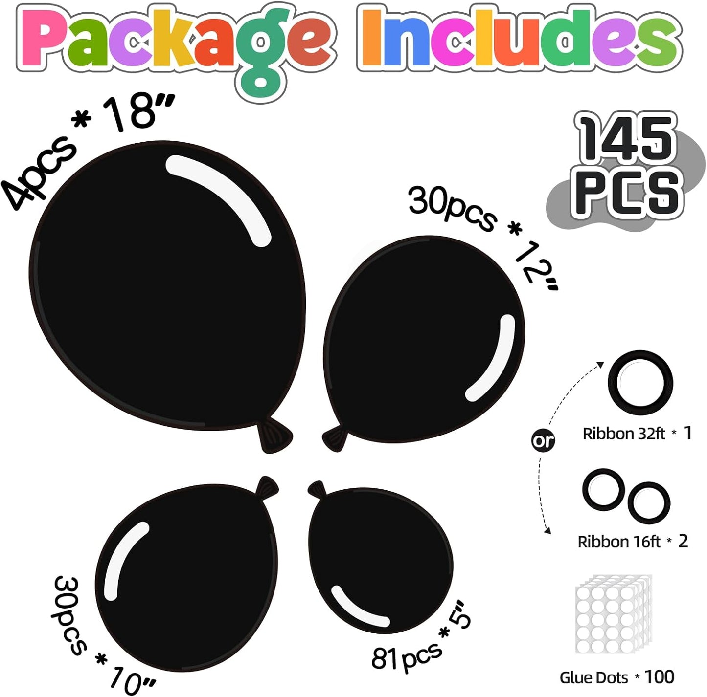 Skiennix 145-Piece Black Balloon Garland Kit - Various Sizes for Birthday, Wedding & Party Decor
