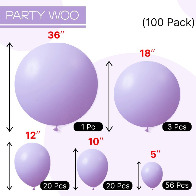 PartyWoo Pastel Purple Balloons 100 pcs Different Sizes Pack of 36 18 12 10 5 Inch Light Pastel Purple Lavender Lilac Balloon Arch Kit Garland for Baby Shower Birthday Party Decorations Purple-Q10