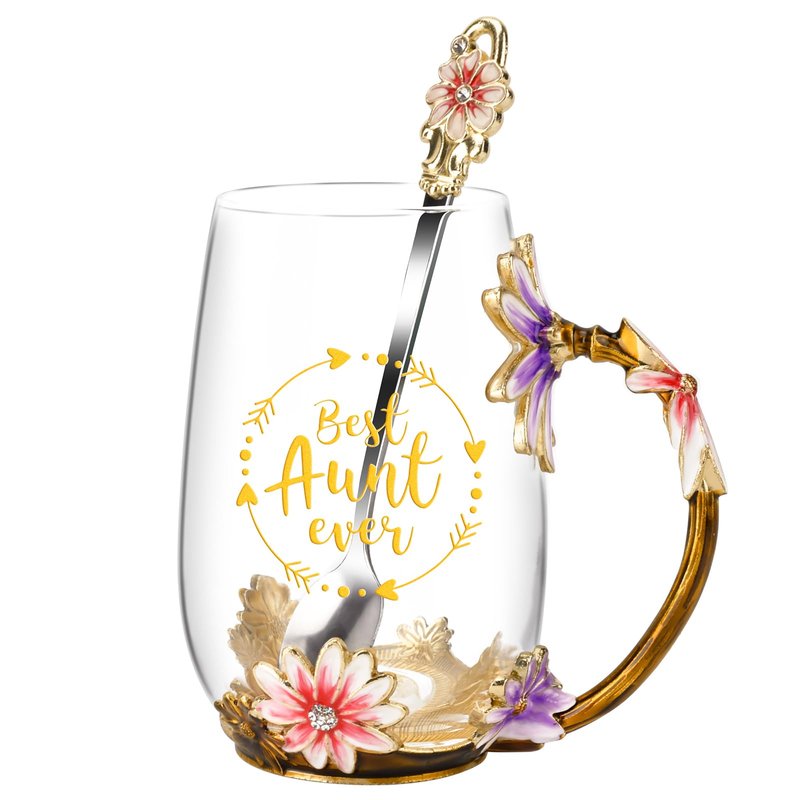 OEAGO Gifts for Aunt from Niece Nephew Tea Cup Cool Birthday Gift Enamel Flower Glass Mugs Christmas Mothers Day New Aunt Announcement Promoted