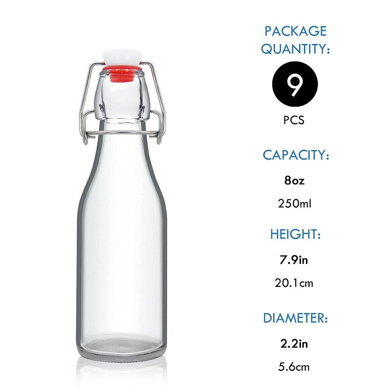 YEBODA 8oz Swing Top Bottles - Glass Beer Bottle with Airtight Rubber Seal Flip Caps for Home Brewing Kombucha, Beverages, Oil, Vinegar, Water, Soda, Kefir (9 Pack)