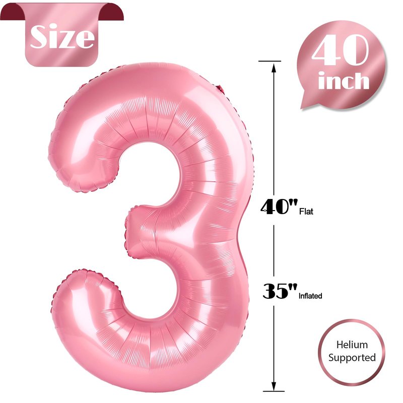 Pearlescent Pink Number 3 Balloon 40 Inch, 3rd Birthday Celebration Supplies for Girls Boys Women Men, 3 Balloon for Girls Boys Theme Party