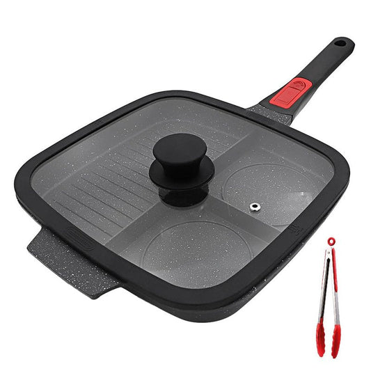 Bobikuke 3 Section Grill Pan for Stove Tops with Detachable Handle, Nonstick Versatile Griddle Pan with Lid, Square Skillet PFOA Free, Black