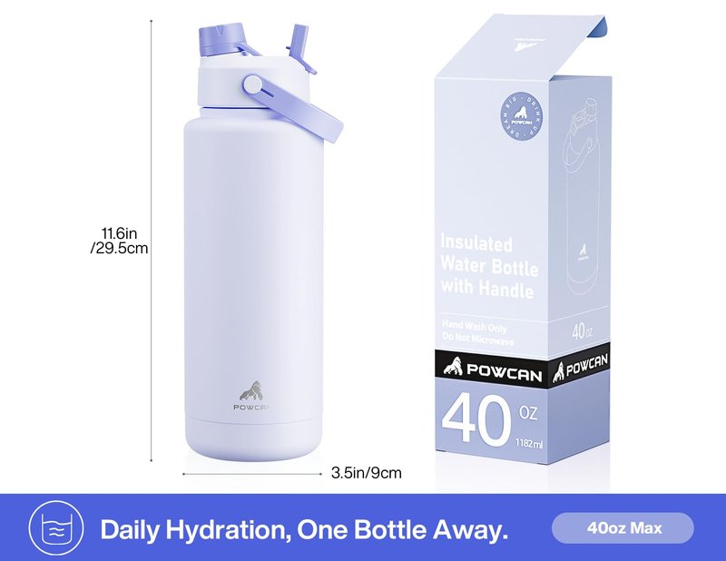 POWCAN 40 oz Insulated Water Bottle with 2-in-1 Straw and Spout Lid, Keep Cold 24H, Leak-Proof, BPA-Free, Double Wall Stainless Steel Water Bottle for Sports, Gym, Travel, and School (Lupine)