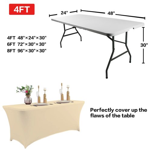 IVAPUPU 2 Pack 4FT Table Cloth for Rectangular Fitted Events Stretch Champagne Table Covers Washable Cover Spandex Tablecloth Protector for Party, Wedding, Cocktail, Banquet, Festival