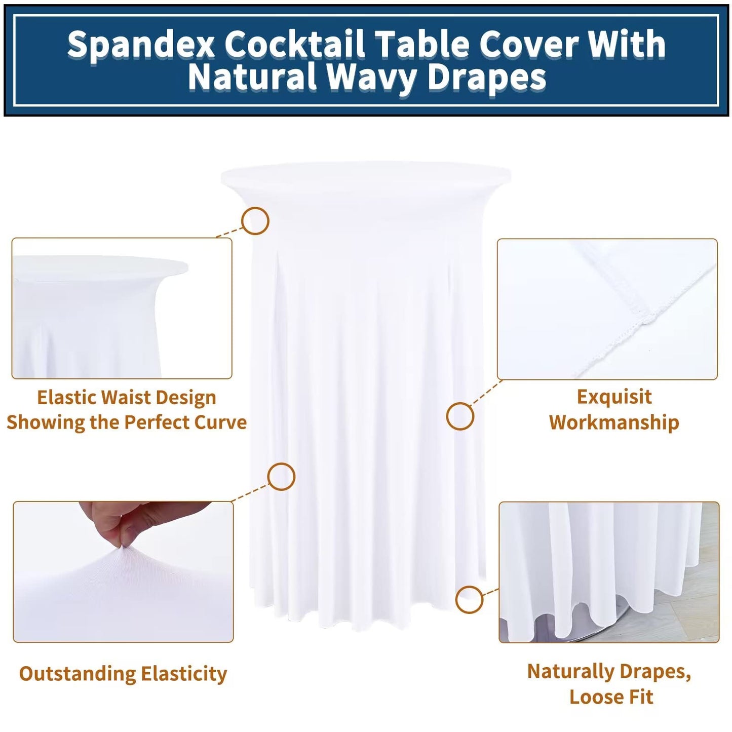 REWOMC 6 Packs Round Cocktail Table Skirt 24"x 43" Spandex Stretch Cocktail Tablecloth with Wavy Drapes, White Spandex Fitted High Top Table Covers for Wedding Bar Party Birthday Banquet Tables