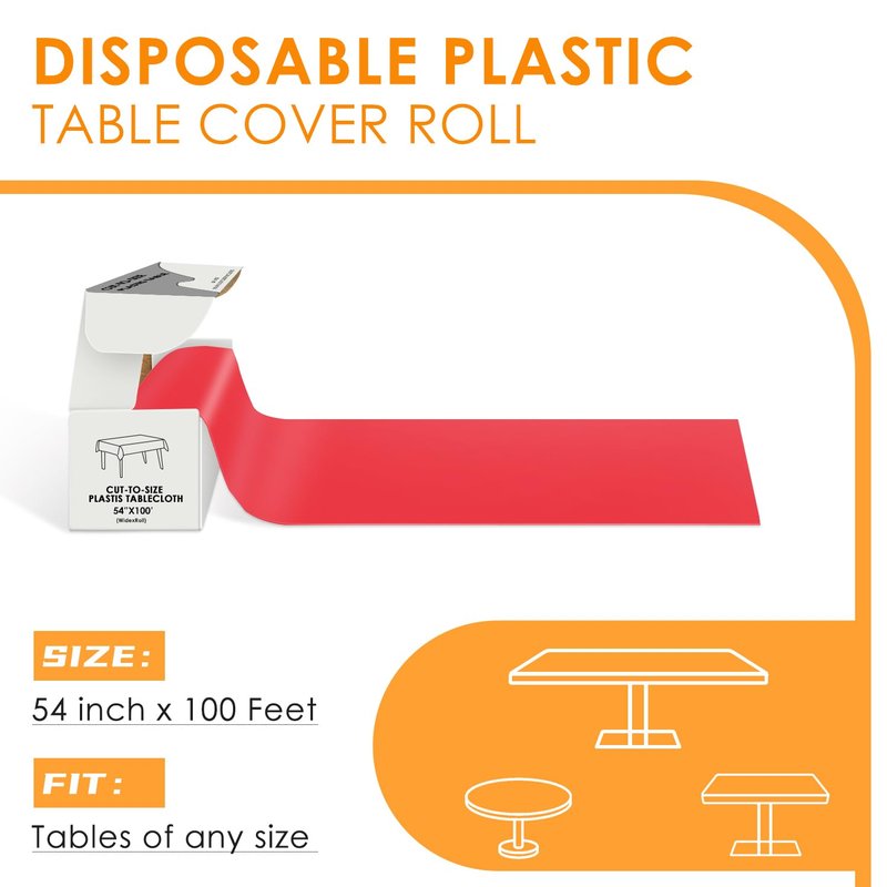 tujol Red Disposable Plastic Table Cloth Roll 54" X 100', Plastic Table Cover with Cutter Box, Cut to Size Disposable Tablecloth for Parties