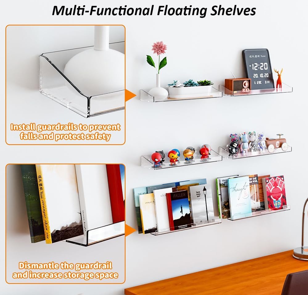 Skiennix Acrylic Floating Shelves - 15" Wall-Mounted Bookshelves for Farmhouse Decor | Ideal for Photos & Plants