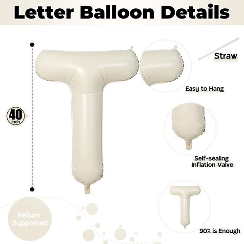Cream Name Balloon Letters, Large Mylar Helium Alphabet T Custom Balloon Letter Beige Decor, 40 Inch Inflatable Sand White Letter T Foil Customize Balloons for Girls Birthday Party Decoration Supplies