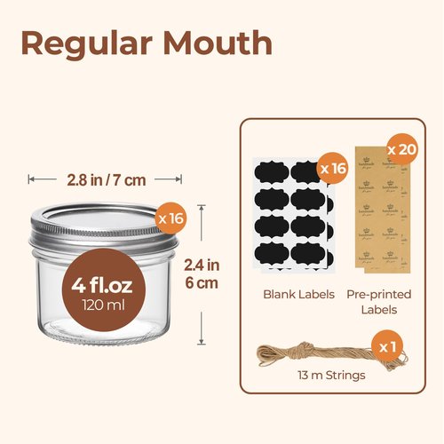 ComSaf Mini Mason Jars Bulk 4oz 16PCS, Regular Mouth Mason Jar with Lids and Seal Bands, Small Glass Canning Jar for Spice, Jam, Honey, Jelly, Dessert, Shower Wedding Favors, DIY Candles Decor
