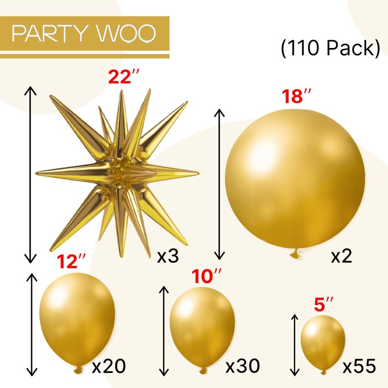 PartyWoo Metallic Gold Star Balloons 110pcs Different Sizes 18 12 10 5 Inch Pack 22 Inch Gold Spike Star Explosion Foil Mylar Balloon Arch Kit for Birthday Engagement Party Decorations Gold-G101