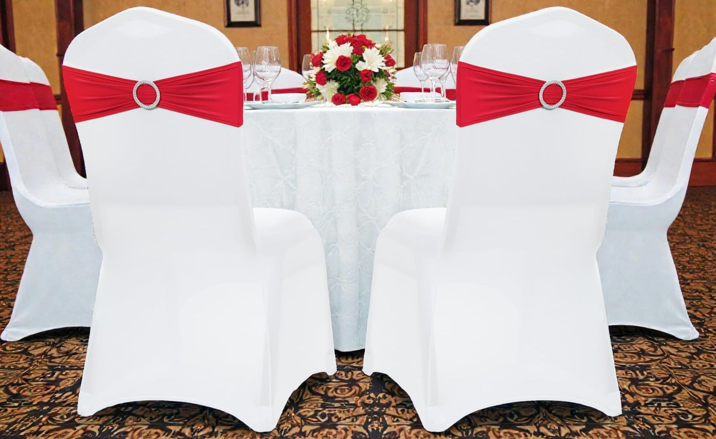 MDS Spandex Chair Sashes - Universal Fit Elastic Stretch Bands with Slider Bow - 150 Pack, Red