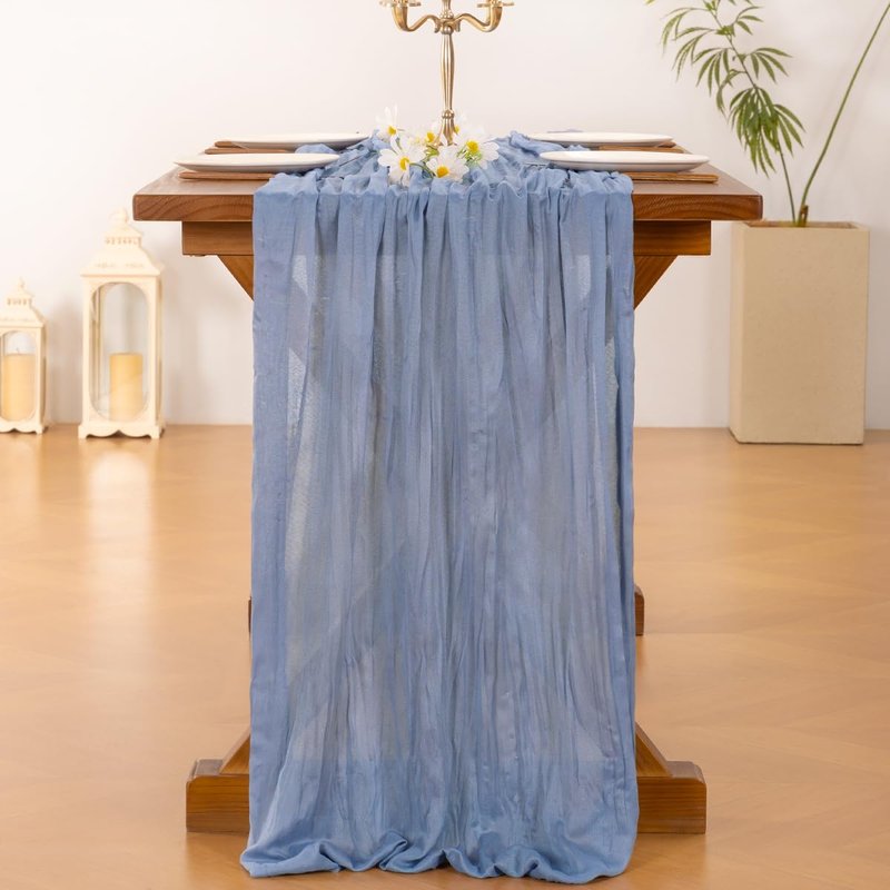 Socomi Dusty Blue Summer Cheesecloth Table Runner Boho Rustic Gauze 120 inch 10FT Cheese Cloth Sheer Runner for Wedding Party Baby Shower Birthday Home Decor Holiday Decorations