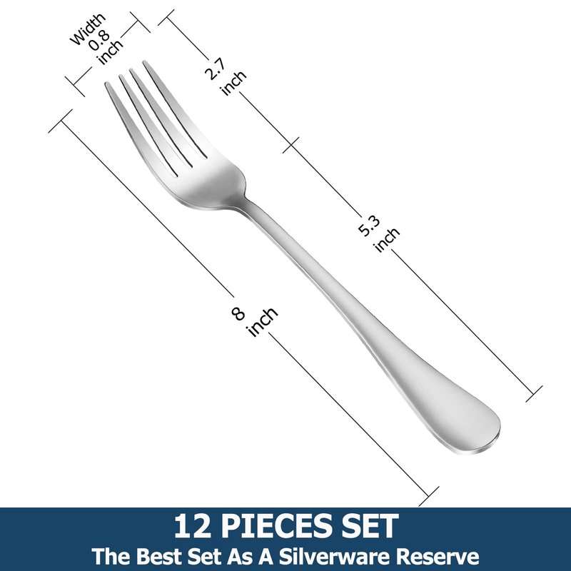12 Piece Dinner Forks Set, Food-Grade Stainless Steel Silverware Forks, Cutlery Fork, Metal Fork for Home, Kitchen or Restaurant, Mirror Polished, Dishwasher Safe - 8 Inch