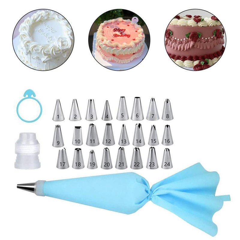 27-Piece Cake Decorating Kit with 24 Stainless Steel Nozzles, Reusable Silicone Bag, Coupler & Tie - Icing Bags and Tips Set for Cupcakes, Cookies & Baking