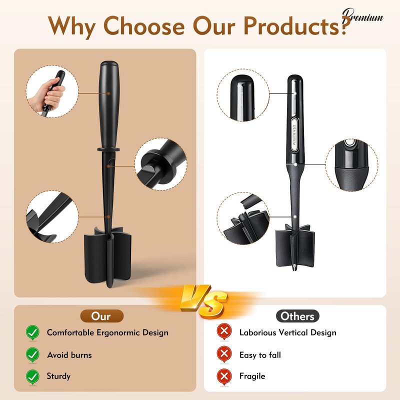 ZASZO Meat Masher, Ground Beef Chopper Tool with 5 Curve Blades & Ergonomic Non-Slip Handle, Nylon Hamburger Smasher Tool Heat Resistant Non Stick(Black)