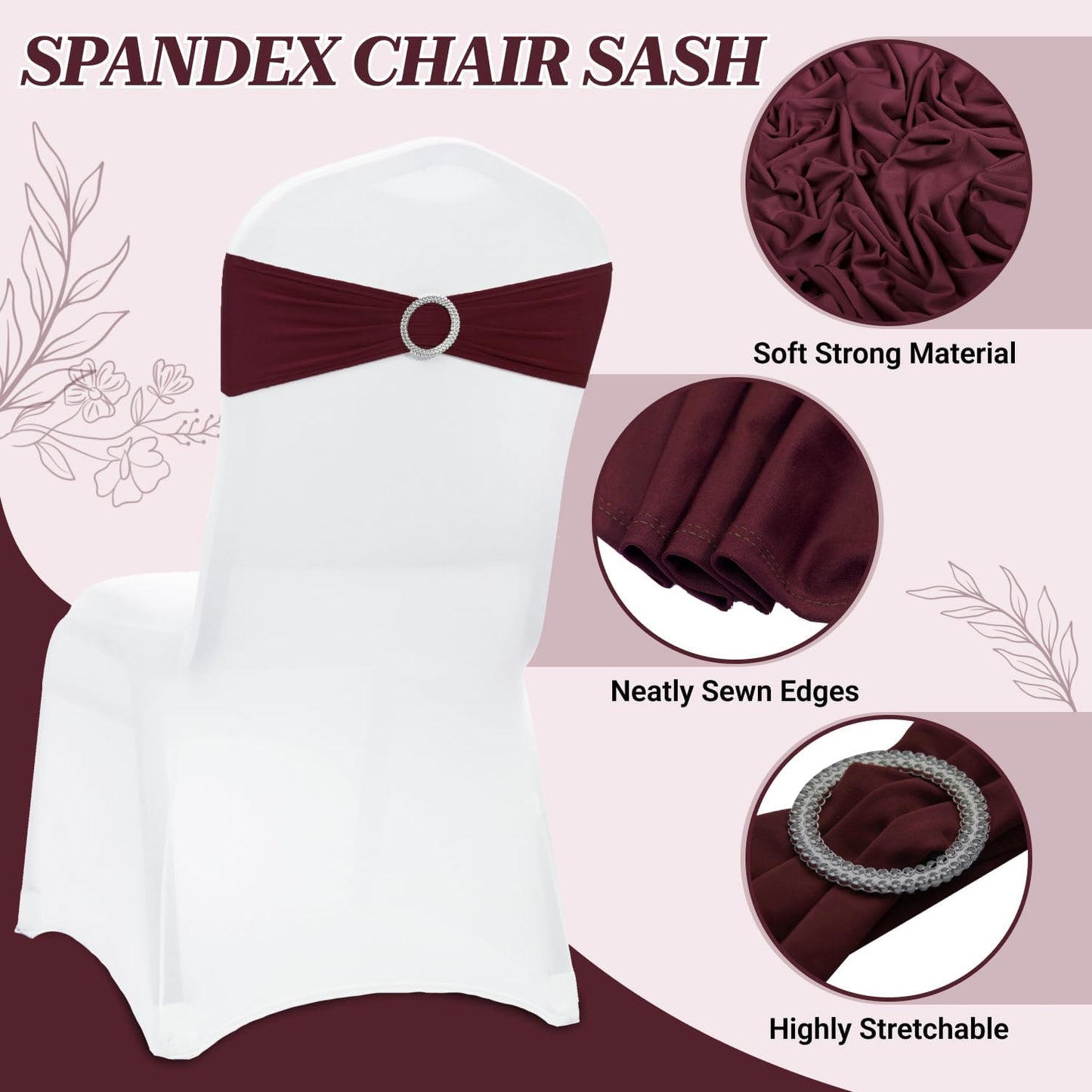 MDS Spandex Chair Sashes - Pack of 150 Elastic Stretch Bows with Buckle Slider for Wedding Decor - Burgundy