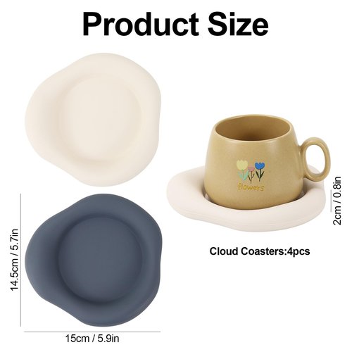 etspolt Cloud Shaped Silicone Coasters Set of 4, Absorbent Drink Pads 5.9 Inch White and Navy Blue Table Decor for Home Office