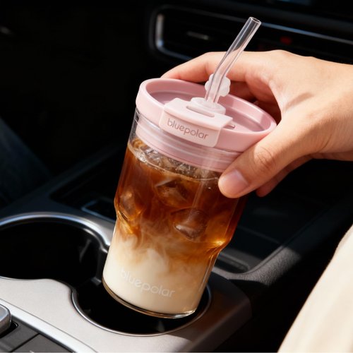Iced Coffee Glasses with Lids and Straws,Car Cup Holder Friendly, Leakproof Portable Tumblers for Cold Brew, Juice & Smoothie, Ideal for Travel, Office & Gym, BPA-Free Reusable (pink,16, ounces)