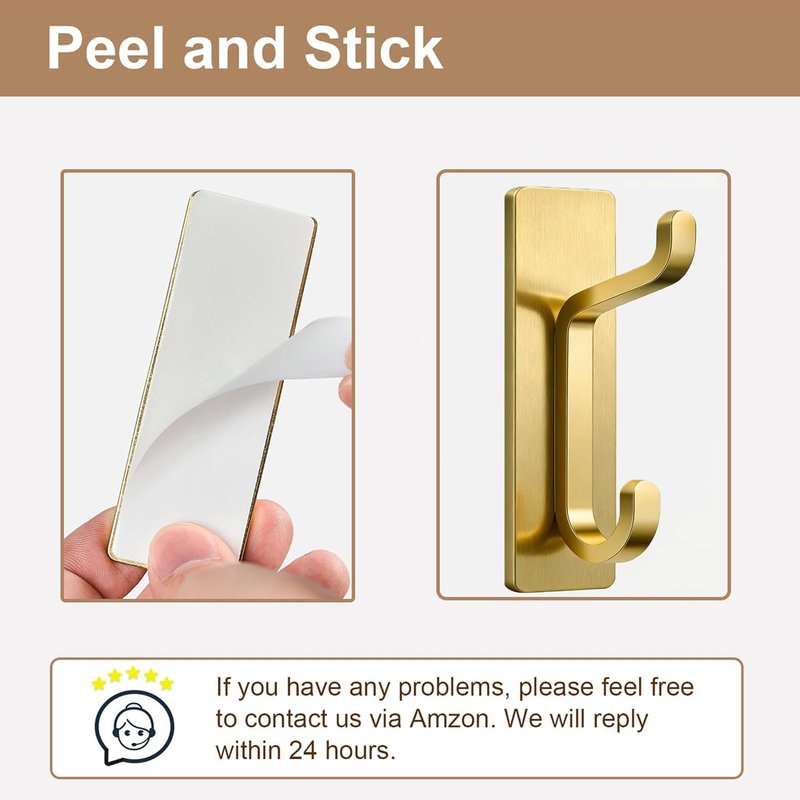 pickpiff Self Adhesive Hooks, Extra Sticky 10LB (Max), Heavy Duty Stainless, Stick On Wall and Door Hooks for Hanging, Bathroom Towel Hooks and Coat Hooks, Robe Hook Wall Mounted, Gold, 4 Pack