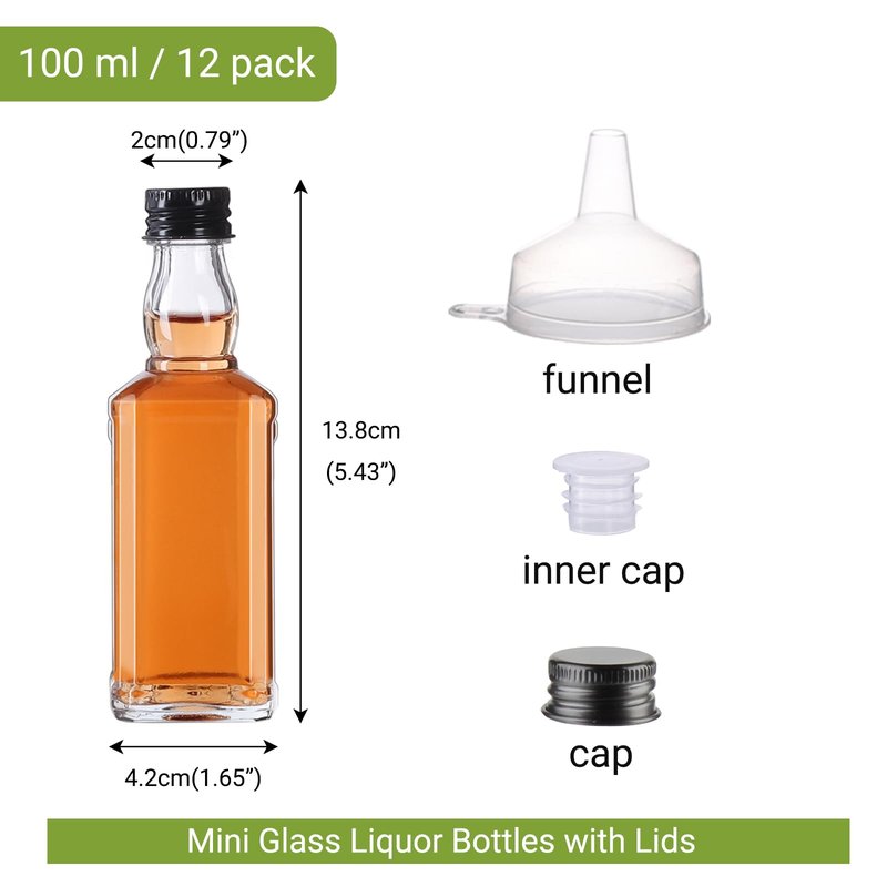 BPFY 12 Pack 3oz Glass Liquor Bottles with Lids, Empty Mini Alcohol Bottle, Small Whiskey Bottles for Cocktail, Tequila, Vodka, Wine