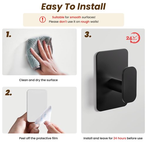 Eowihor Heavy Duty Self Adhesive Hooks - 26lb Max, Sticky Wall Hooks Stainless Steel for Hanging Towel, Coat, Robe, Waterproof & Rustproof Hooks Stick on Bathroom, Shower, Kitchen (Black, 4 Pack)