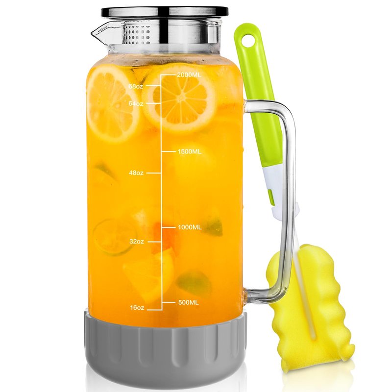 Aofmee 68oz Glass Pitcher with Lid, 2 Liter Water Carafe with Silicone Base and Precise Scale Line, Ice Tea Pitcher for Fridge, Anti-Slip Glass Jug for Sun Tea Juice Coffee Milk Beverage (Gray)