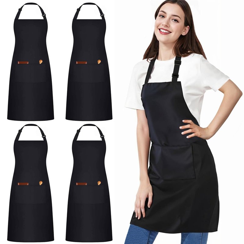 umboom 4 Pack Black Waterproof Apron, Adjustable Chef Apron with 2 Pocket for Men Women Waiter Waitress, Professional Work Apron for Kitchen Restaurant Garden Cooking Painting Baking (Water Resistant)