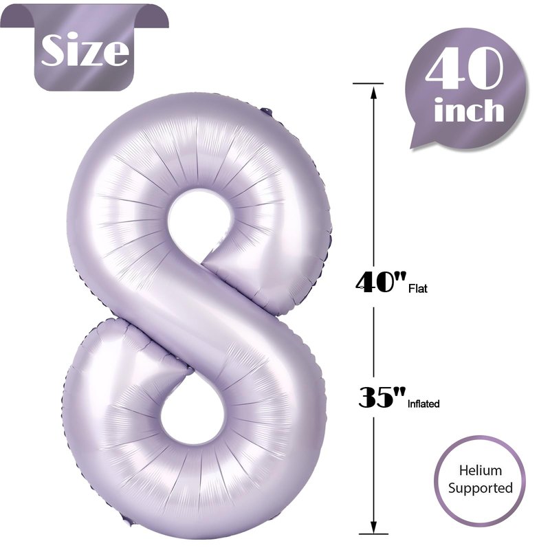 Lilac Number 8 Balloon 40 Inch, 8th Birthday Party Decorations for Children, Giant 8 Foil Balloon for Party Supplies