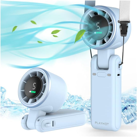 PlayHot Portable Handheld Turbo Fan - 5-Speed Rechargeable Personal Fan | 5000mAh Battery, 12-Hour Use, 3-in-1 Design (Blue)