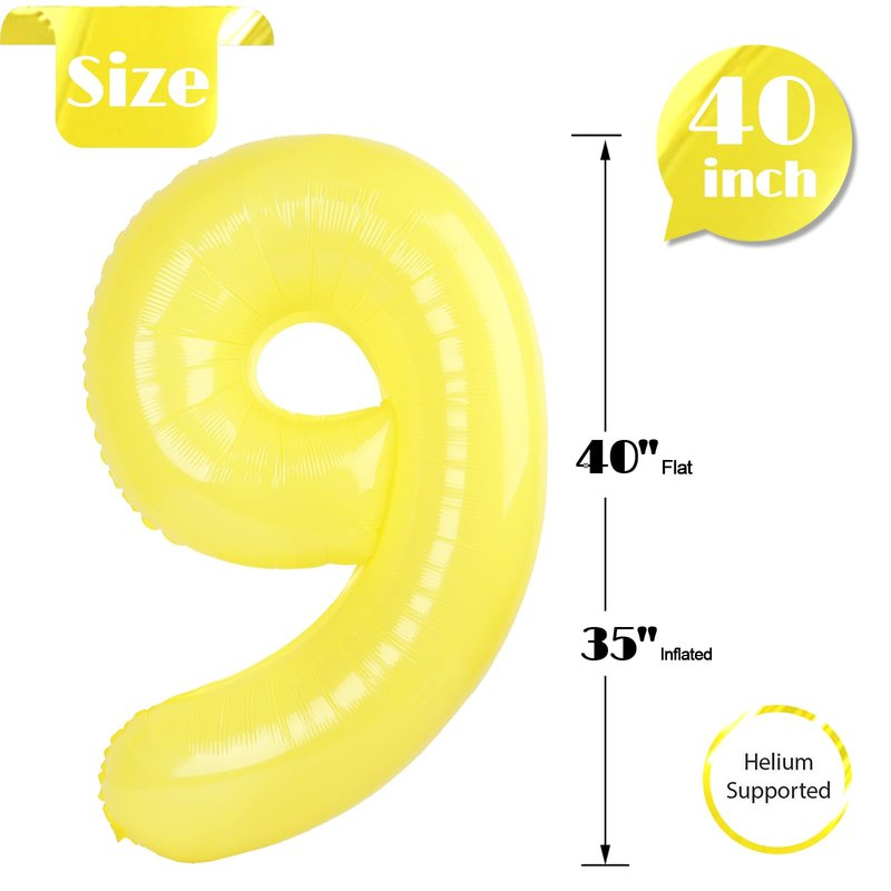 Yellow Number 9 Balloon 40 Inch, 9th Birthday Party Decorations for Children, Giant 9 Foil Balloon for Party Supplies