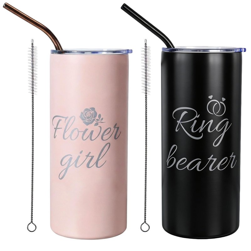 UzYlquw 2 Pcs Flower Girl Gift and Ring Bearer Tumbler Set, 16 oz Stainless Steel Insulated Water Bottle with Lids and Straws, Wedding Proposal Gifts for Bridal Party Favors