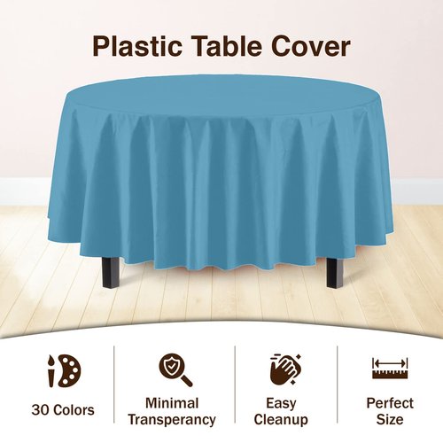 Exquisite Party Solids 6-Pack Premium Plastic Tablecloth 84in. Round Plastic Table Cover - Sky Blue