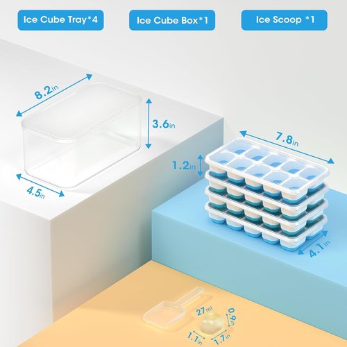 DOQAUS Ice Cube Tray - Stackable Silicone Trays with Lid & Bin for Freezer | 4 Pack with Scoop