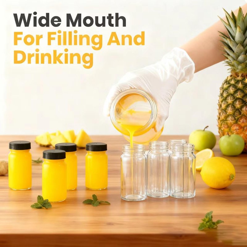 12 Pack 2 oz Glass Shot Mini Bottles with Black Lids - Reusable Leakage-Proof Small Clear Jar for Ginger, Wellness Shot, Juice, Sample, Whiskey, Essentials - Wide Mouth Containers, Dishwasher Safe