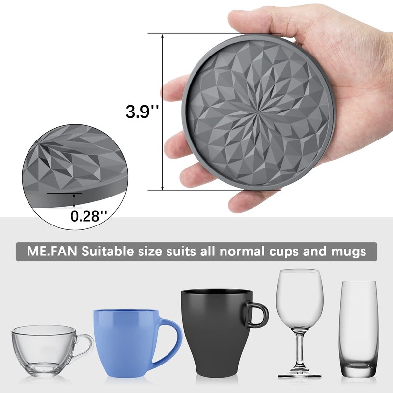 ME.FAN Silicone Coasters with Holder,[6 Pack] Drinking Coasters - Cup Mat for Hot or Cold Drinks, Thickened, Non-Slip, Non-stick,Deep Tray Dark Grey