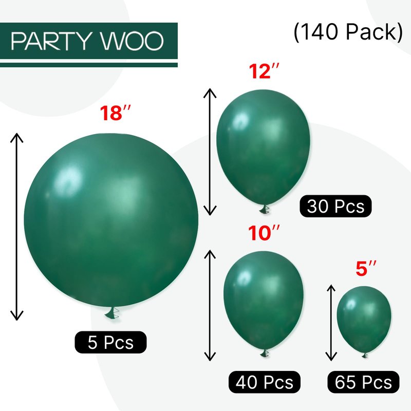 PartyWoo Pearl Dark Green Balloons 140pcs Different Sizes Pack of 18 12 10 5 Inch Pearl Emerald Hunter Forest Green Balloon Arch Kit for Jungle Dinosaur Theme Birthday Party Decorations Green-Z01